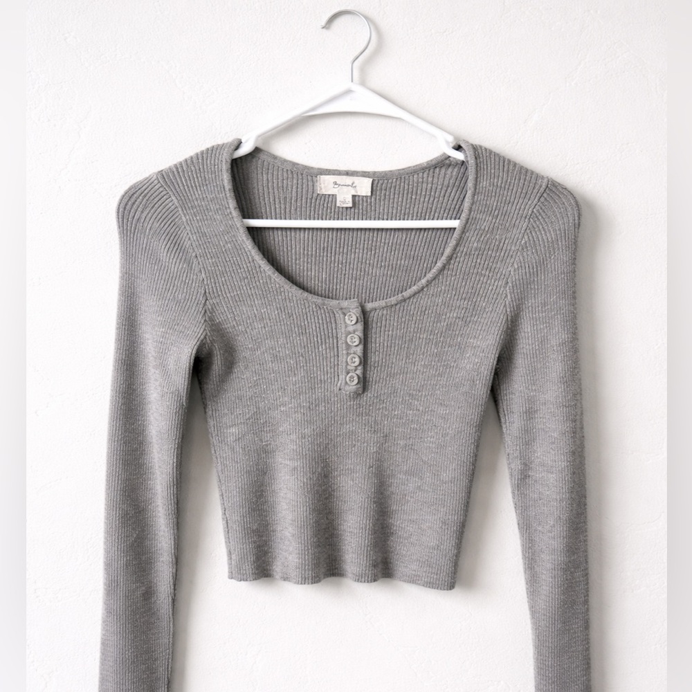 Gray Ribbed Long Sleeve Top